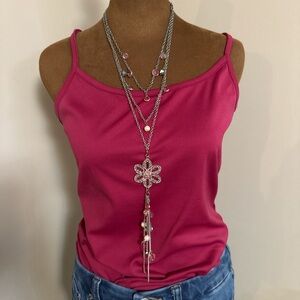 3-strand silver, pink rhinestone, and pearl necklace